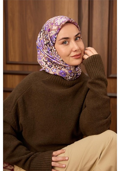 Silk Home Twill İpek Eşarp Vizon Mor Desenli Tok Duruşlu Kaymaz 90x90 Çok Renkli