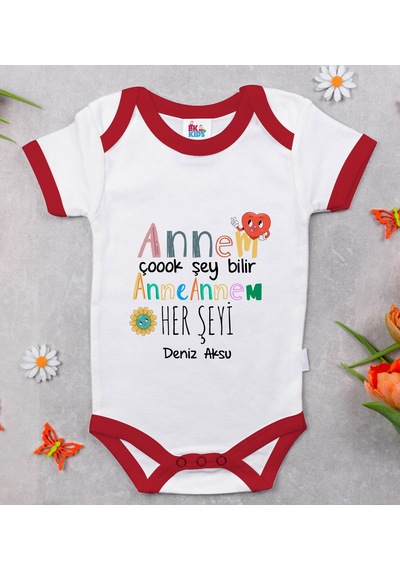 Bk Gift Bk Kids Kişiye Özel Annem Çok Şeyi Bilir Tasarımlı Kırmızı Bebek Body Zıbın-1 Çok Renkli