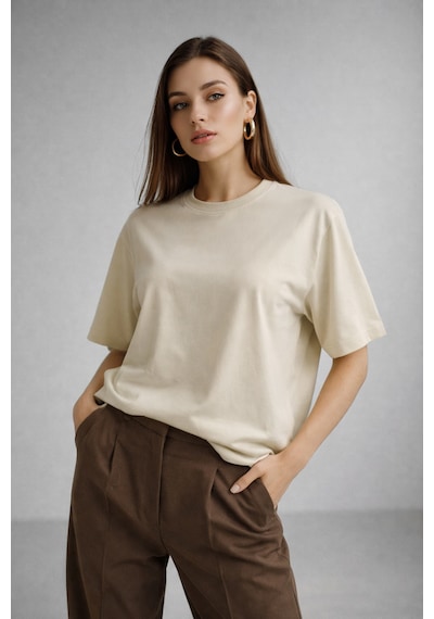 Kadın Bej %100 Pamuk Oversize Basic Tişört Rahat Kalıp Relaxed Bisiklet Yaka T-shirt Bej