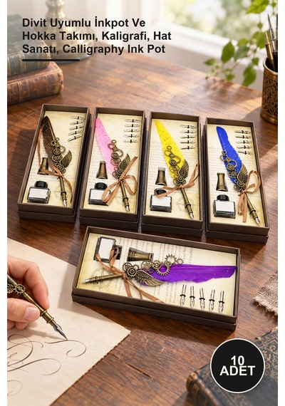 10 Adet Hokka Seti Divit Uyumlu İnkpot Ve Hokka Takımı, Kaligrafi, Hat Sanatı, Calligraphy Ink Pot