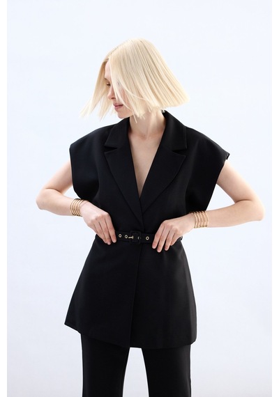 Sateen Kemerli Uzun Yelek - Siyah-136850 Siyah