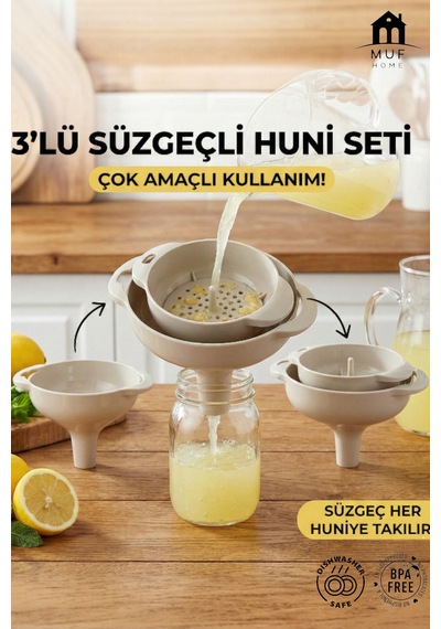 Pratik 3 Boy Süzgeçli Huni Seti Yer Kaplamayan İç İçe Geçen Tasarım Huni Seti - Bpa Free Plastik Diğer