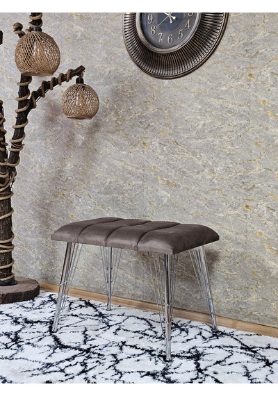 Zafir Metal Krom Tel Ayaklı 60 Cm Puf Bench - Puf - Bench - Oturak - Mutfak Oturağı - Antre Oturağı Kahverengi