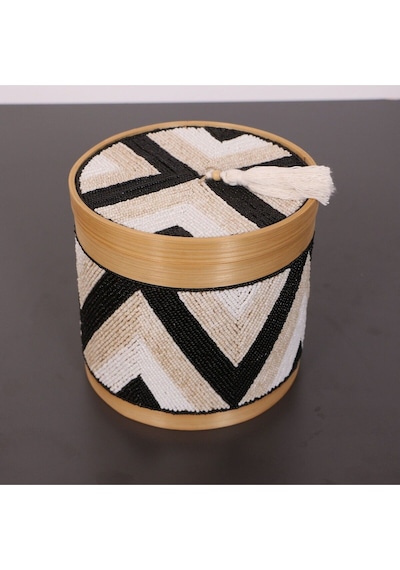 Bali Boncuklu Bambu Saklama Kutusu L 20x20 Cm Beyaz