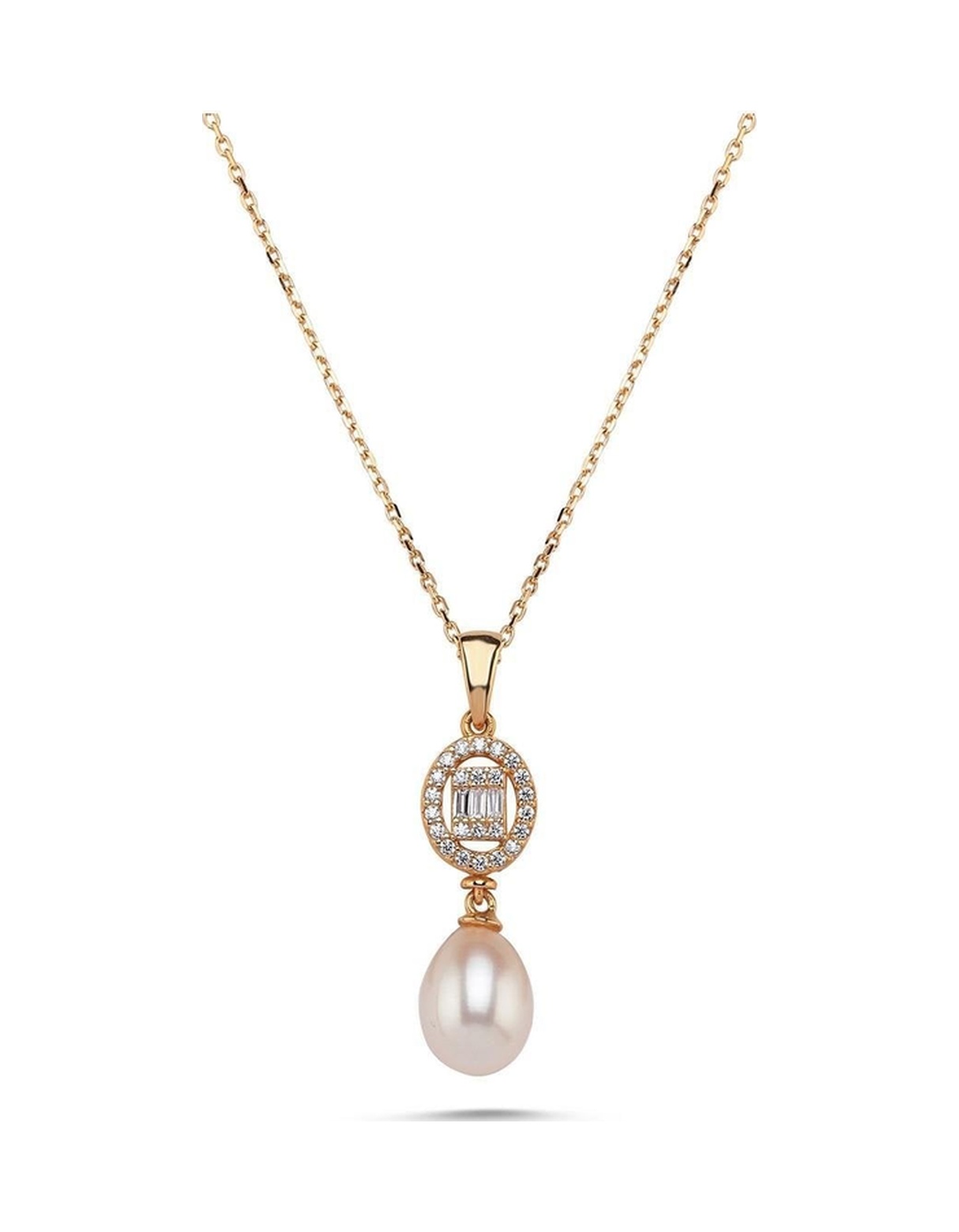 8,5 Mm Oval Baget Taşlı Doğal İnci Kolye Rose