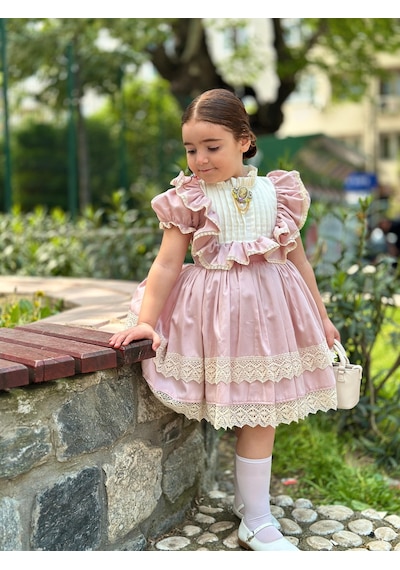 H L Y Karol Tasarım Masal Pudra Pembe Vintage Kız Bebek Elbise,doğum Günü Elbise,fotoğraf Çekim Elbise,0-13 Yaş Uygun Pembe