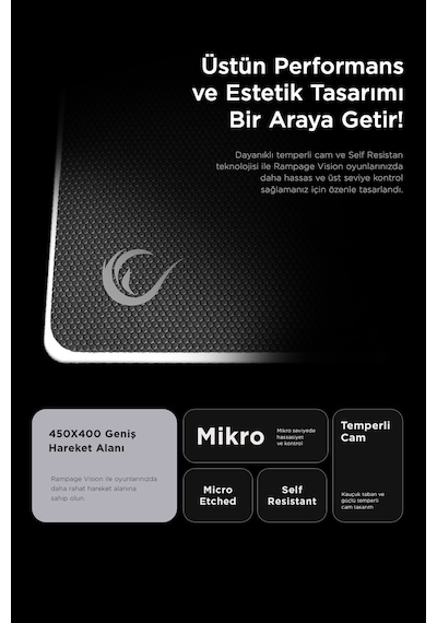 Vision Cam Mouse Pad Kauçuk Taban 450x400x3mm Micro-etched Cam Slip Resistant Gaming Siyah