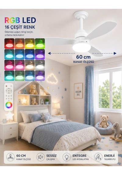 German New White Super Fan 60 Cm Kalın Kanat Dim Ayarlı Tavan Vantilatörü Rgb Led 16 Renk Sessiz Sinek Kovar