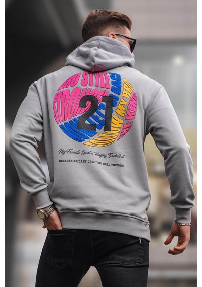 Madmext Boyalı Gri Kabartma Baskılı Kapüşonlu Sweatshirt 6042 Boyalı Gri