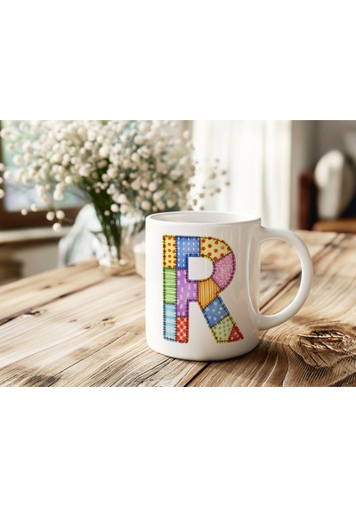 R Harfi Renkli Yamalı Tasarım Kupa Bardak - Bohem Patchwork Desenli Kupa - Etnik Hediyelik Beyaz