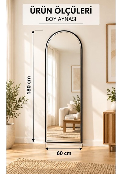Boy Aynası Siyah Metal Çerçeve Boy Deloratif Ayna Duvar Aynası 180x60 Cm