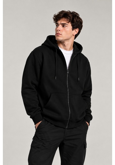 Çlm Store Erkek Slim Fit Örgü 3 İplik Fermuarlı Polar Hırka Siyah Siyah