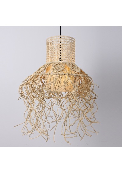 Bohem Etnik Doğal Hasır Doğal Rafya Bambu & Rattan Handmade Dekoratif Sarkıt Saçaklı Avize 40x60cm-9096412593538 Bej