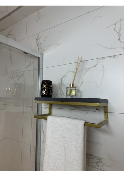 lyla concept Fulya Banyo Ahşap Raflı Gold Metal Havlu Şal Askılık Antrasit Raf Gold