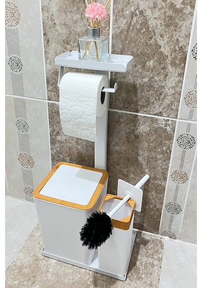 6 Parça Banyo Seti Çöp Kovası, Wc Fırça, Tuvalet Kağıtlık, Diş Fırçalık, Sıvı Sabunluk, Sabunluk Beyaz - Kahverengi