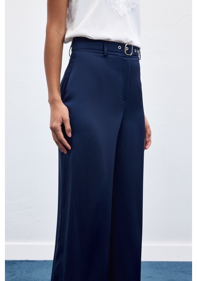 Sateen Kemer Detaylı Saten Pantolon - Lacivert-136950 Lacivert