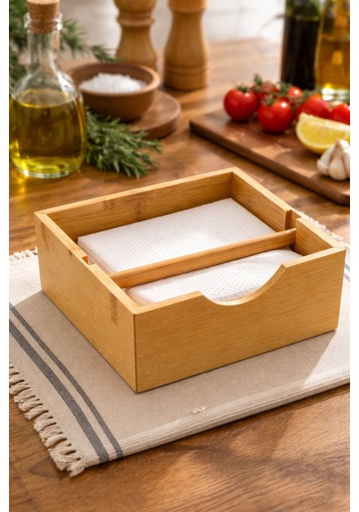 Bambu Kare Tutacaklı Peçetelik 18 Cm Kahverengi