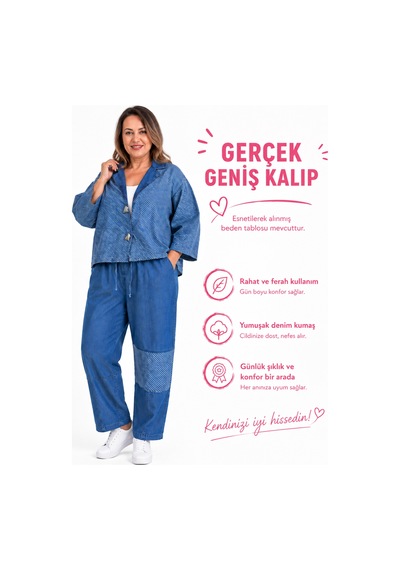 Büyük Beden Yakalı Geniş Kol Detaylı Düğmeli Çizgi Desenli Denim Kadın İkili Takım Mavi