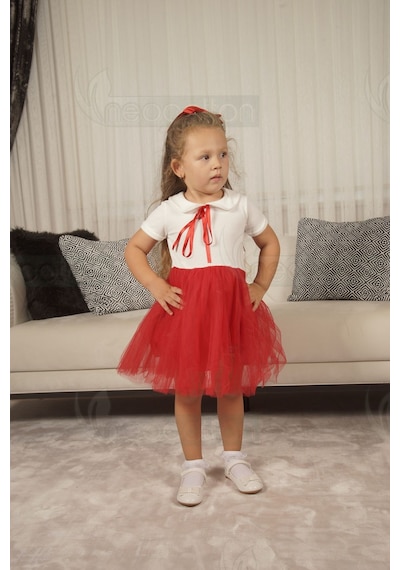 Kız Çocuk Bebe Yaka Kısa Kollu Astarlı Tüllü Elbise Kısa-kırmızı Kırmızı