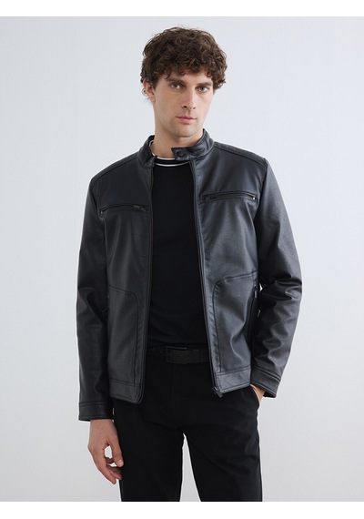 Lcwaıkıkı Classic Siyah Regular Fit Dik Yaka Erkek Deri Görünümlü Ceket
