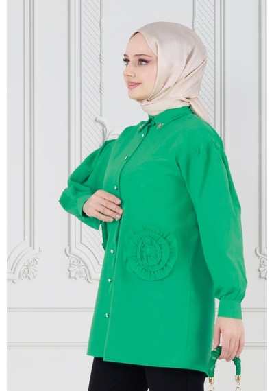 Sevitli Önü Gül Detaylı Tunik-yeşil-3634-yeşil Yeşil