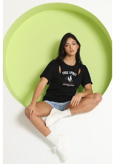 Kadın Cut Out Detaylı T-shirt Siyah