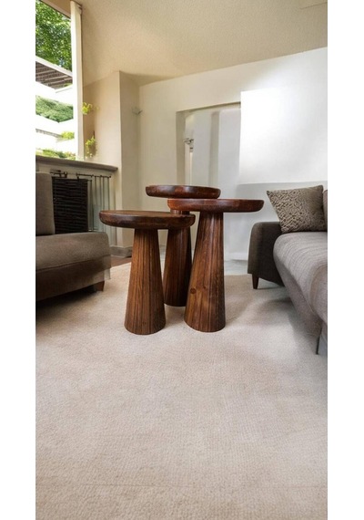 Wood Wooden Ahşap 3 Lü Set Fitilli Mantar Yan Sehpa Modern Meşe Renk Fiskos Kahverengi