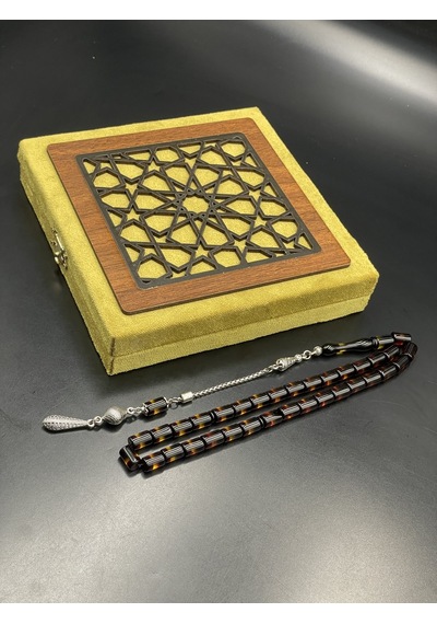 Onurlu Tesbihane Çift Renk Beyrut Tesbih Sarı Küt Kesim 7x11 Mm Erkek Tesbihi Gümüş
