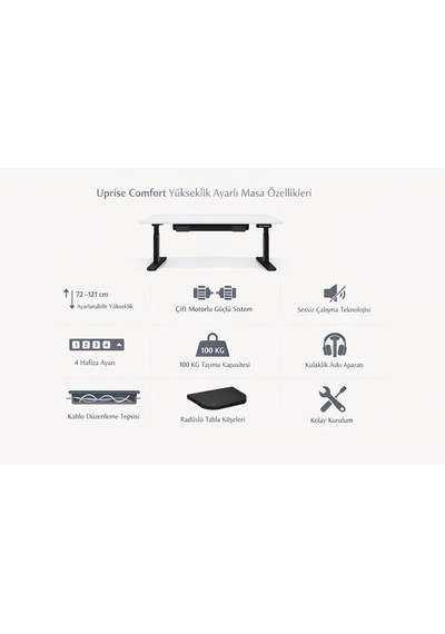 Uprise Comfort Çift Motorlu Yükseklik Ayarlı Masa 72 121 Cm Siyah Ayak/lake Beyaz Tabla, 120x60 Cm Diğer