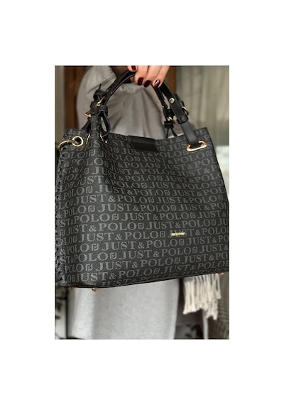 Just Polo Kadın Siyah Yazılı Gofraj Kabartma Desenli Mıknatıslı Çıtçıt Kapama El Çantası Mh4031mh 81343164