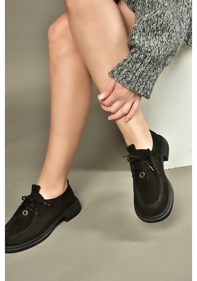 Fox Shoes V944085601 Siyah Hakiki Deri Nubuk Bağcıklı Günlük Kadın Ayakkabı Siyah