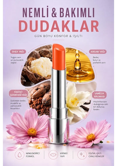 Pierre Cardin Sheer Glow Lipstick - Parlak Bitişli Nemlendirici Ruj - Tangerina Orange - 006 0