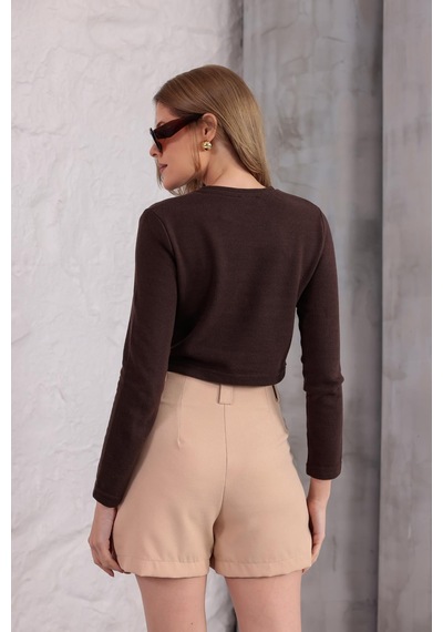 Ckm Moda Mira Selanik Oval Fermuar Bluz Kahve