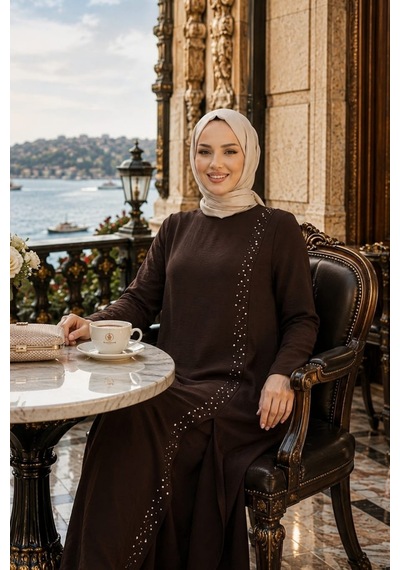 Hb Harma Time Butik Kadın İnci İşlemeli Kahverengi Tunik-pantolon İkili Takım