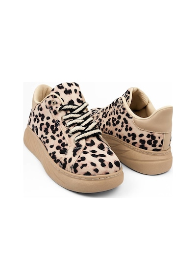 Günlük Kadın Sneaker Leopar Desenli Bağcıklı Oval Burun Yüksek Kalın Topuklu Spor Ayakkabı 313 Açık Leopar