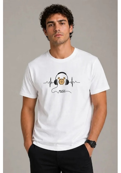 Veraura Lifestyle Erkek Müzik Temalı Baskılı Tişört Bisiklet Yaka Kısa Kol T-shirt - Beyaz