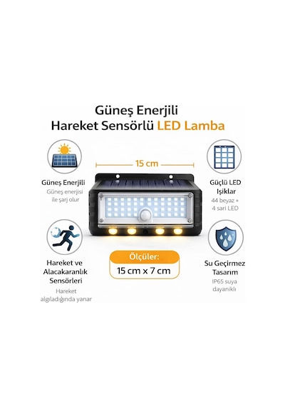 Panter Solar Hareket Sensörlü Led Duvar Lambası 3w 44 Smd Beyaz + 4 Gün Işığı Led, 300 Lümen, I