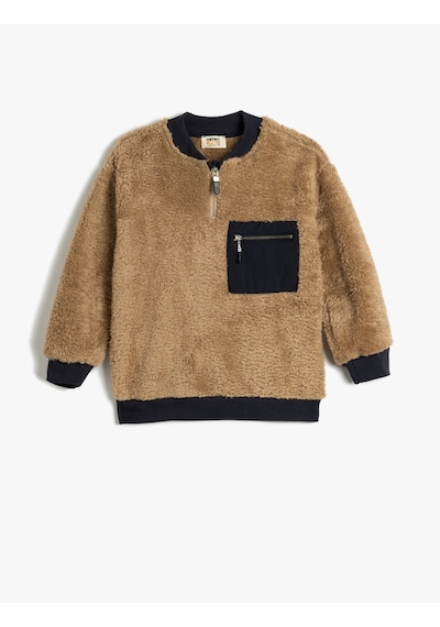 Koton Peluş Sweatshirt Yarım Fermuarlı Bisiklet Yaka Cep Detaylı Uzun Kollu Kahverengi 5wkb10493tk Kahve