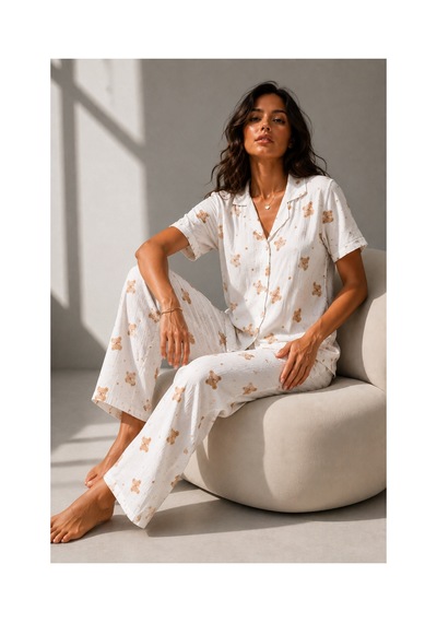 Fit Women Kadın Klasik Doğal Düğme Gece Kırık Beyaz Pijama Takımı
