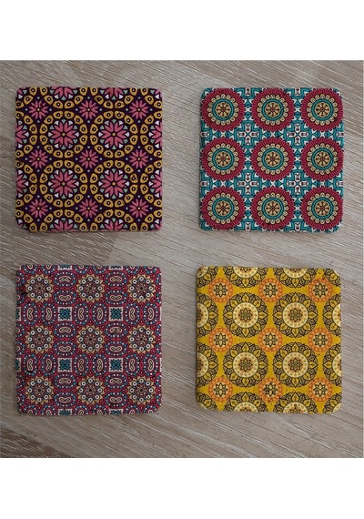 Tablosan Mandala Desenleri Doğal Taş Bardak Altlığı 4'lü Set 174140 Çok Renkli