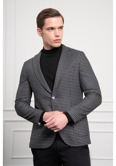 Morven Erkek Siyah Dokuma Slim Fit Dar Kesim Mono Yaka Ceket 25ks002002001 Siyah