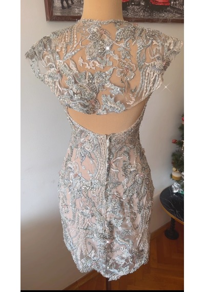 Chica Rosa Fashion Pelerinli Kristal İşlemeli Askılı Mini Elbise Gri - Mavi