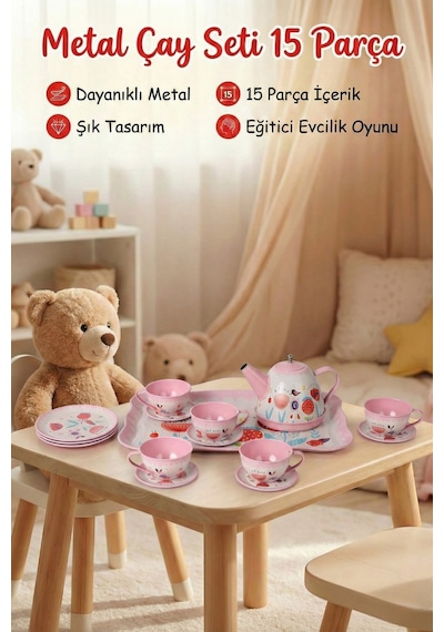 Metal Oyuncak Çay Seti 15 Parça - Eğitici Evcilik Mutfak Oyunu - Kırılmaz Çay Takımı