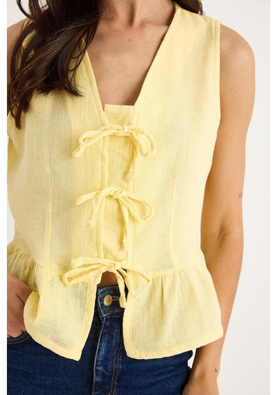 Shade Kadın V Yaka Fiyonk Detaylı Müslin Peplum Bluz G28-4883 60283356 - Limon Sarısı Çok Renkli