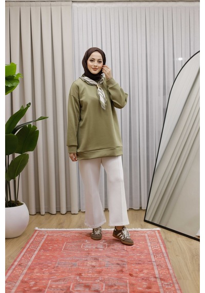 Moonsc Kadın Regular Fit Pamuklu Yaka Fularlı Bisiklet Yaka Haki Tunik