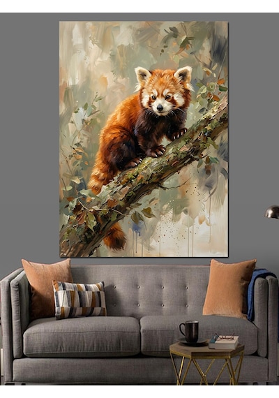 Ağaç Dalında Küçük Kızıl Panda Dekoratif Kanvas - Mdf Ahşap Tablo