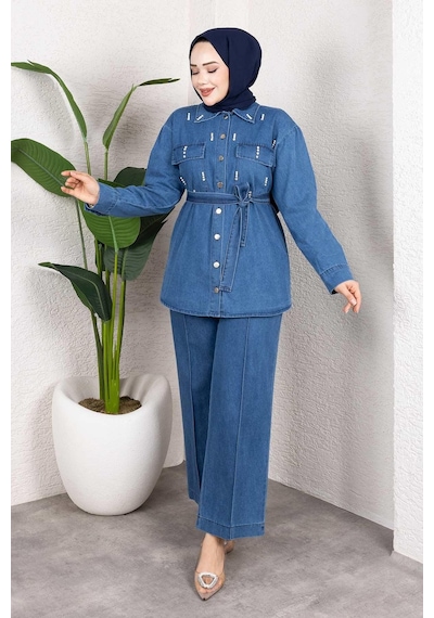 Misskayle Taş Detaylı Kuşaklı Denim Tesettür Takım Açık Mavi Açık