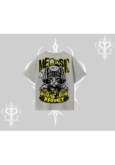 Tarzsokak Meowsic Purrfect Kedi Arka Baskılı Oversize Tshirt Gri
