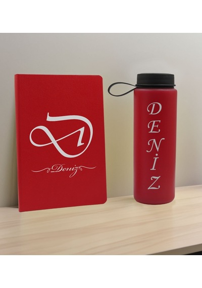 Bk Gift Kişiye Özel İsimli Kırmızı Defter Ve Cam Matara Hediye Seti-2, Sevgiliye Hediye, Arkadaşa Hediye, Yeni İş Hediyesi