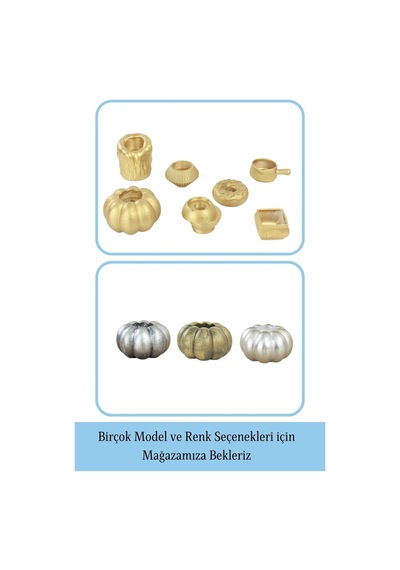 Eskitme Mumluk Şamdan 3 Adet Tealight Ve İnce Mum Uyumlu Kabak Model - Altın